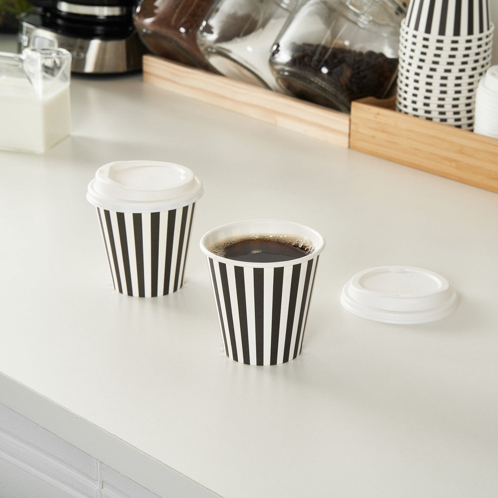 Restpresso 8 oz Black and White Stripe Paper Single Wall Coffee Cup - with White Lid - 3 1/2"x 3 1/2"x 4" - 400 count box