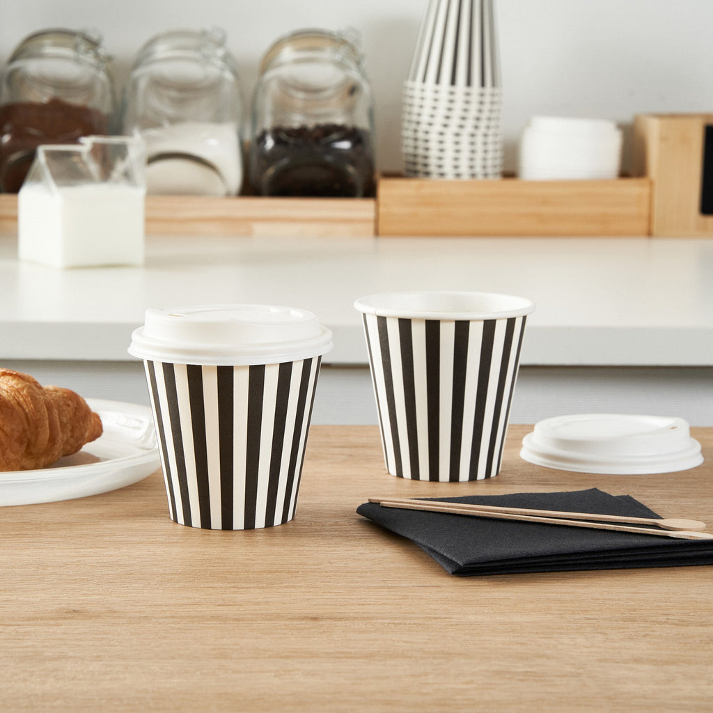 Restpresso 8 oz Black and White Stripe Paper Single Wall Coffee Cup - with White Lid - 3 1/2"x 3 1/2"x 4" - 400 count box