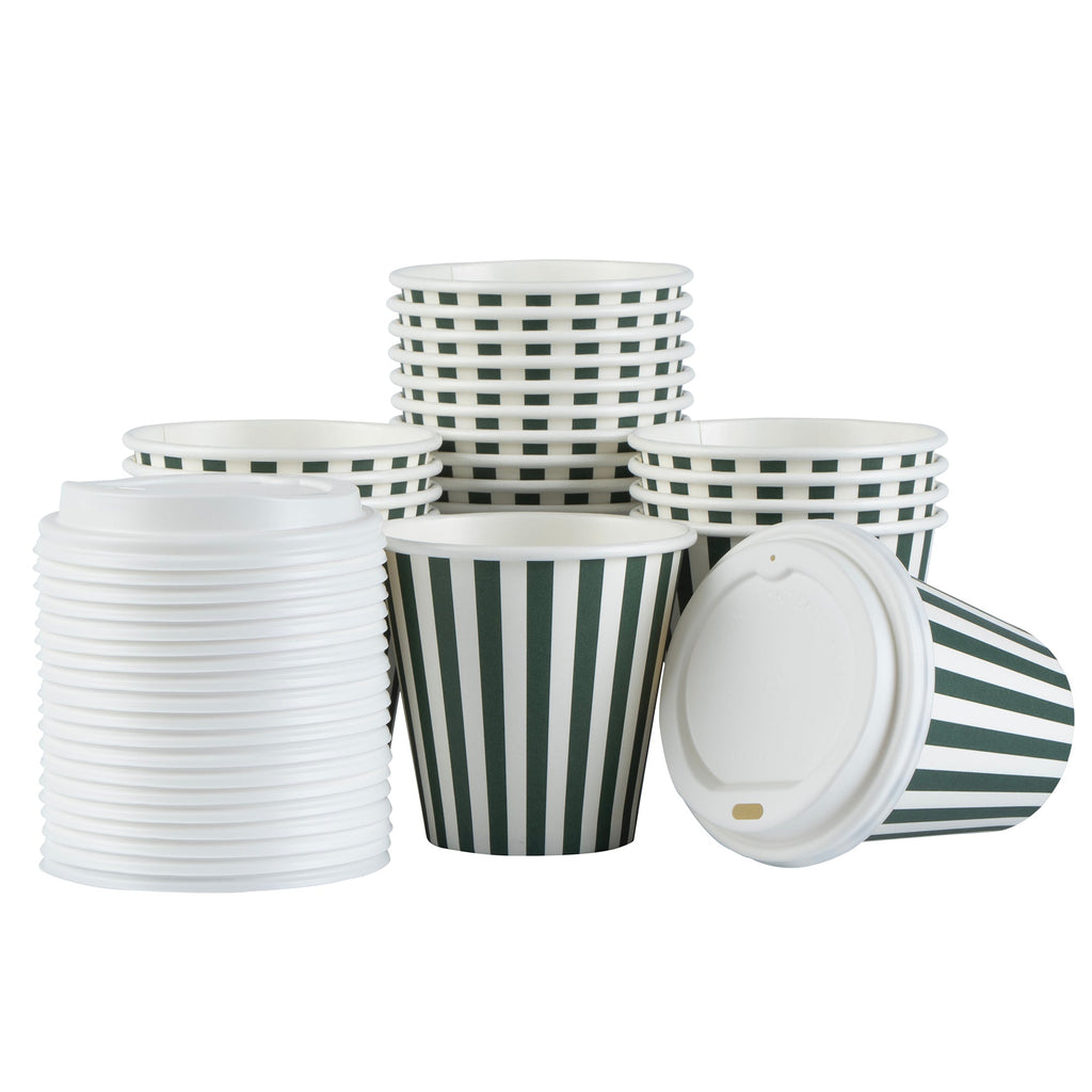 Restpresso 8 oz Forest Green and White Stripe Paper Single Wall Coffee Cup - with White Lid - 3 1/2"x 3 1/2"x 4" - 20 count box