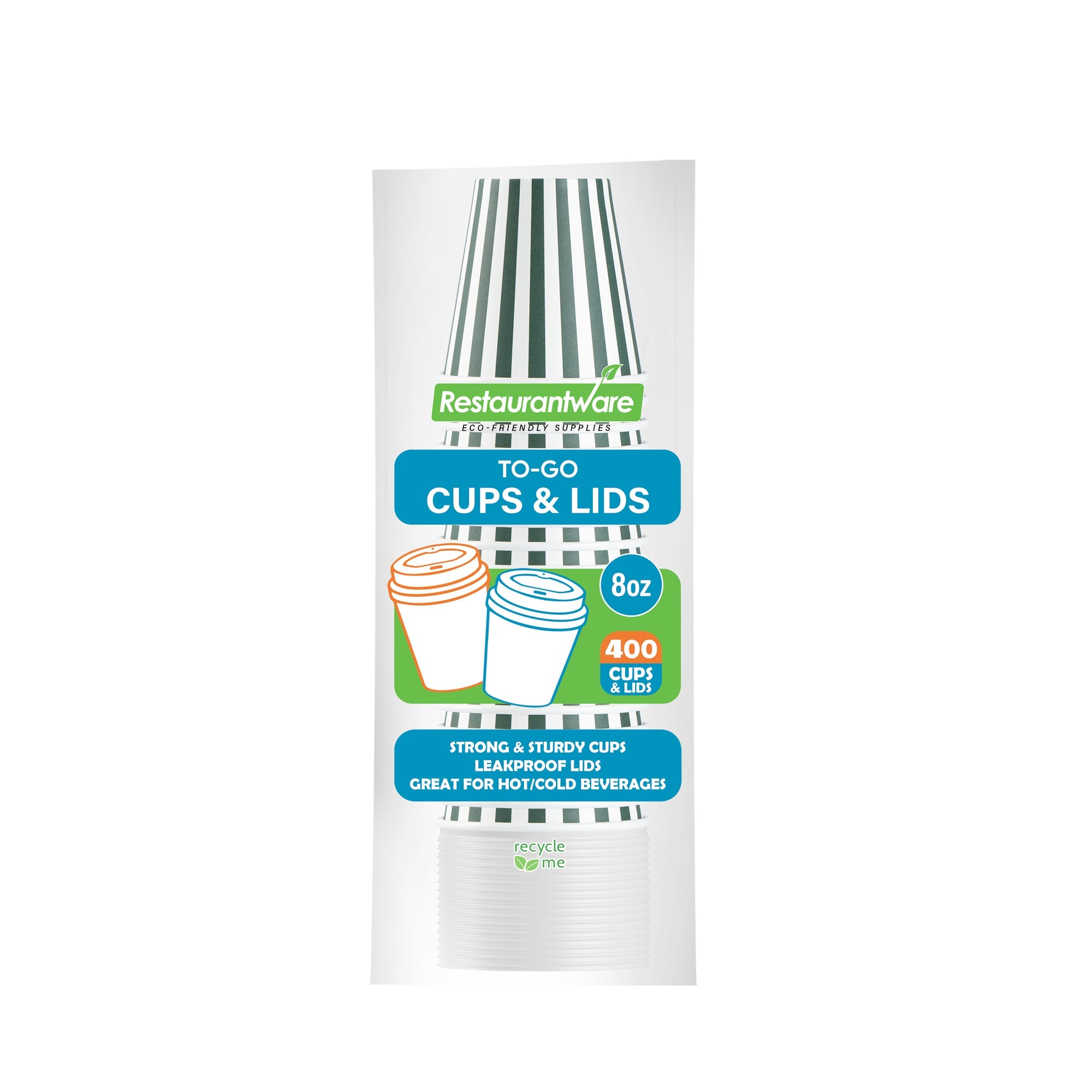 Restpresso 8 oz Forest Green and White Stripe Paper Single Wall Coffee Cup - with White Lid - 3 1/2"x 3 1/2"x 4" - 20 count box
