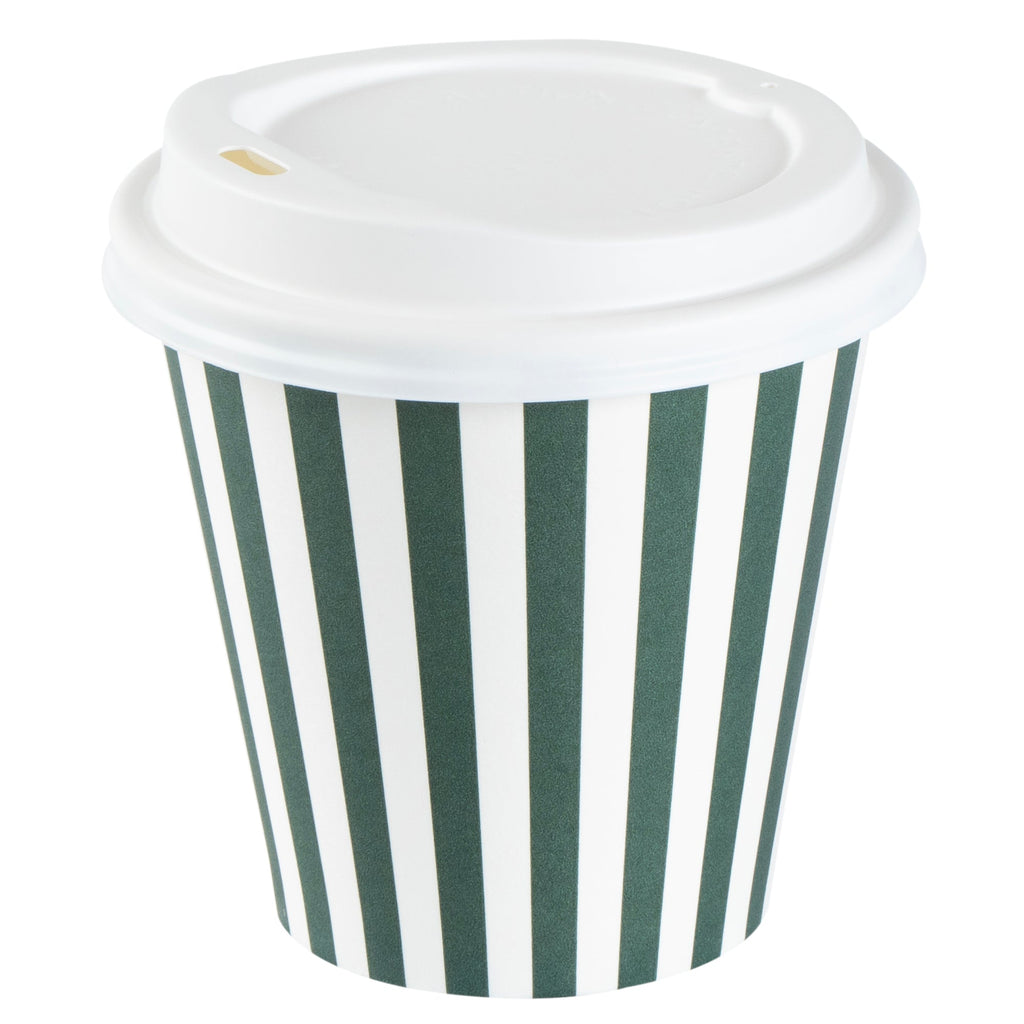 Restpresso 8 oz Forest Green and White Stripe Paper Single Wall Coffee Cup - with White Lid - 3 1/2"x 3 1/2"x 4" - 20 count box