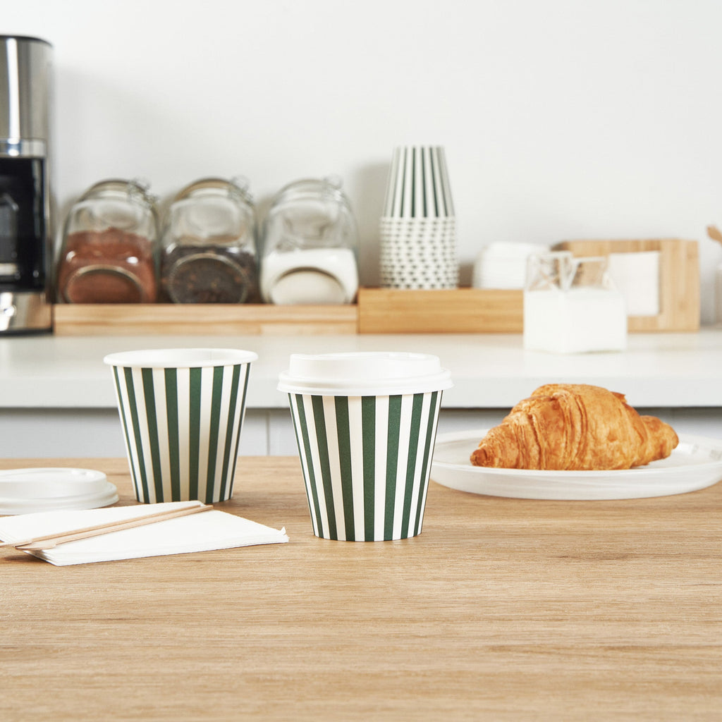 Restpresso 8 oz Forest Green and White Stripe Paper Single Wall Coffee Cup - with White Lid - 3 1/2"x 3 1/2"x 4" - 20 count box