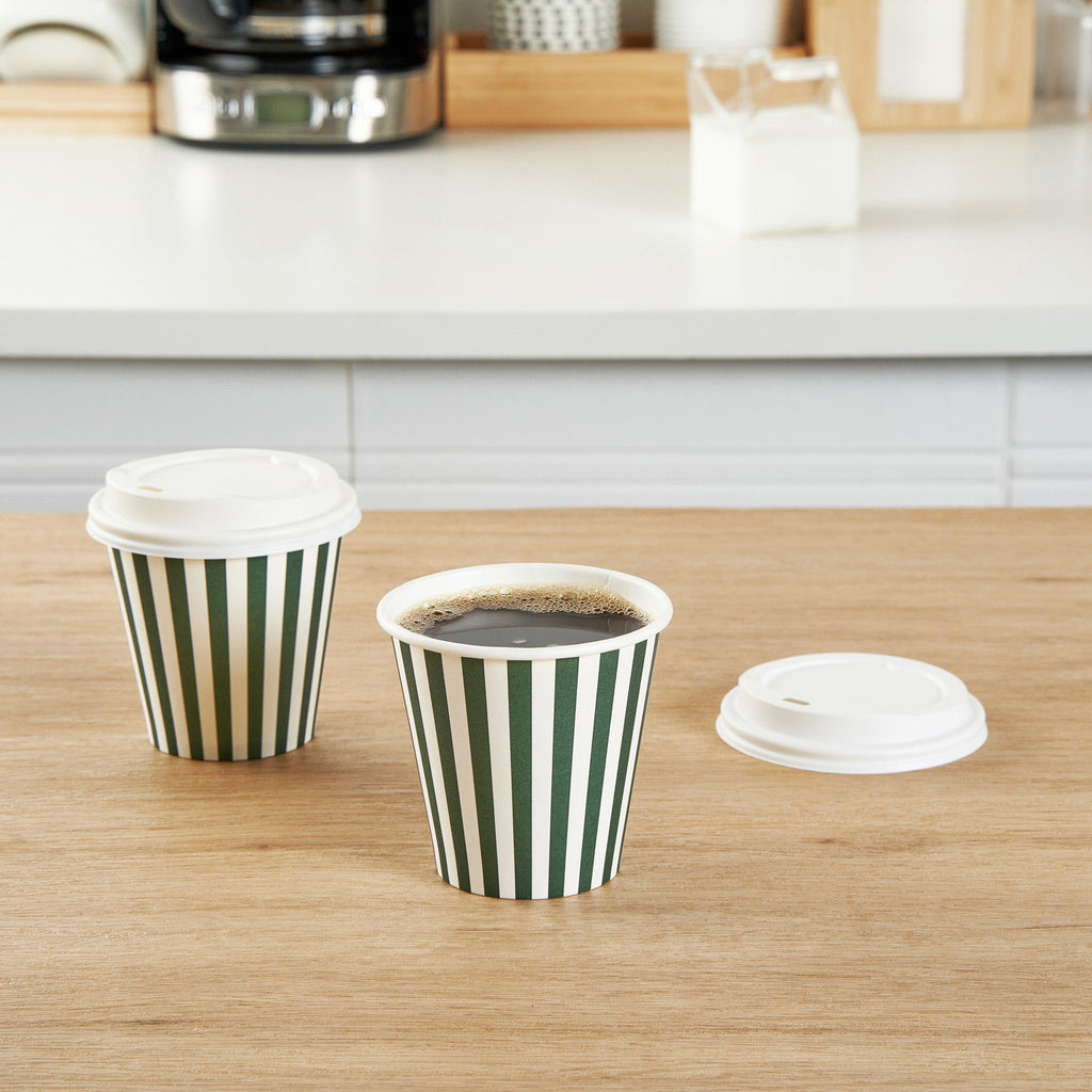 Restpresso 8 oz Forest Green and White Stripe Paper Single Wall Coffee Cup - with White Lid - 3 1/2"x 3 1/2"x 4" - 400 count box