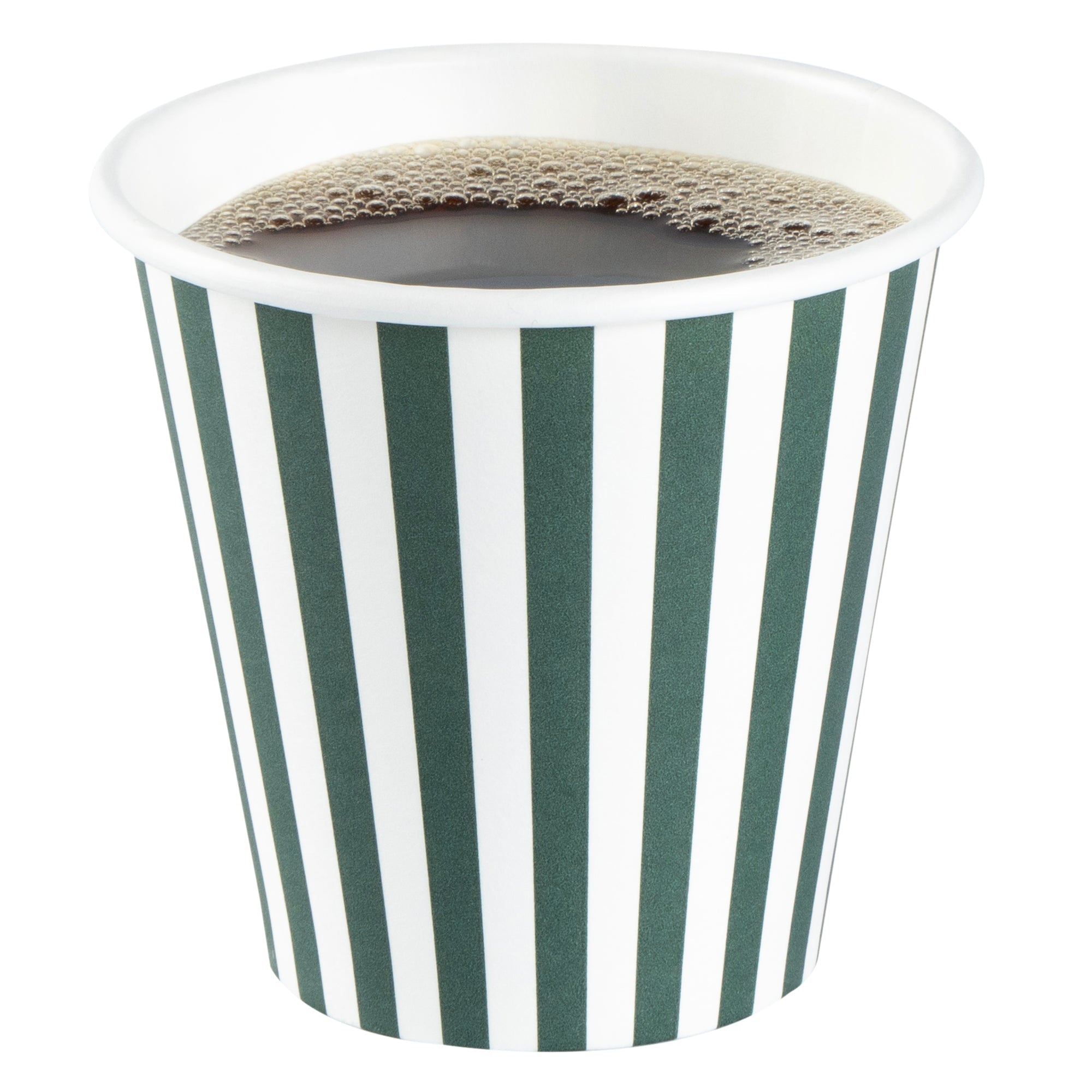 Restpresso 8 oz Forest Green and White Stripe Paper Single Wall Coffee Cup - with White Lid - 3 1/2"x 3 1/2"x 4" - 400 count box