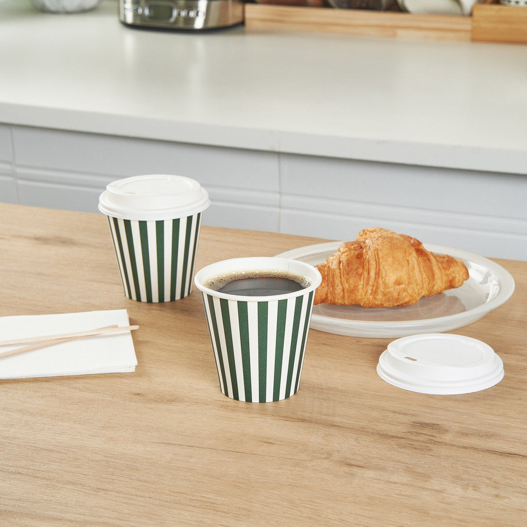 Restpresso 8 oz Forest Green and White Stripe Paper Single Wall Coffee Cup - with White Lid - 3 1/2"x 3 1/2"x 4" - 400 count box