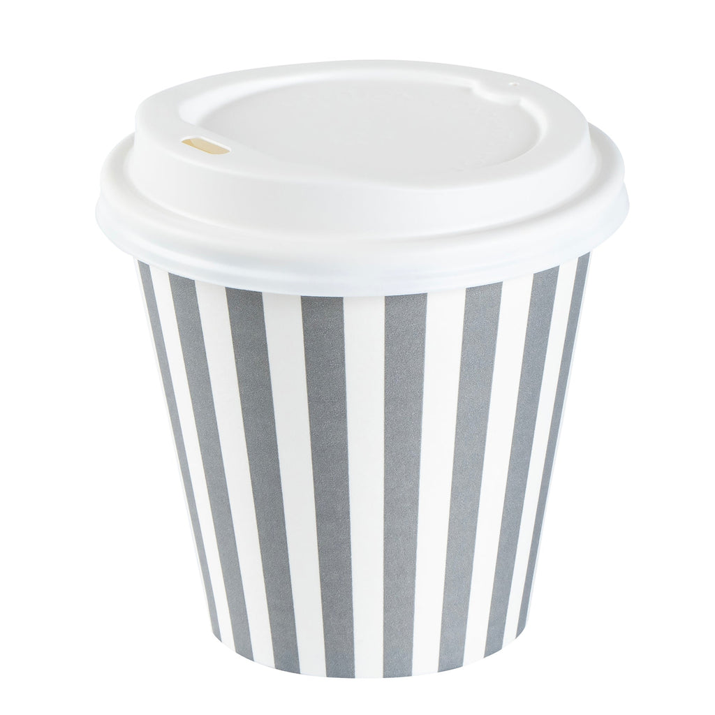 Restpresso 8 oz Gray and White Stripe Paper Single Wall Coffee Cup - with White Lid - 3 1/2"x 3 1/2"x 4" - 20 count box