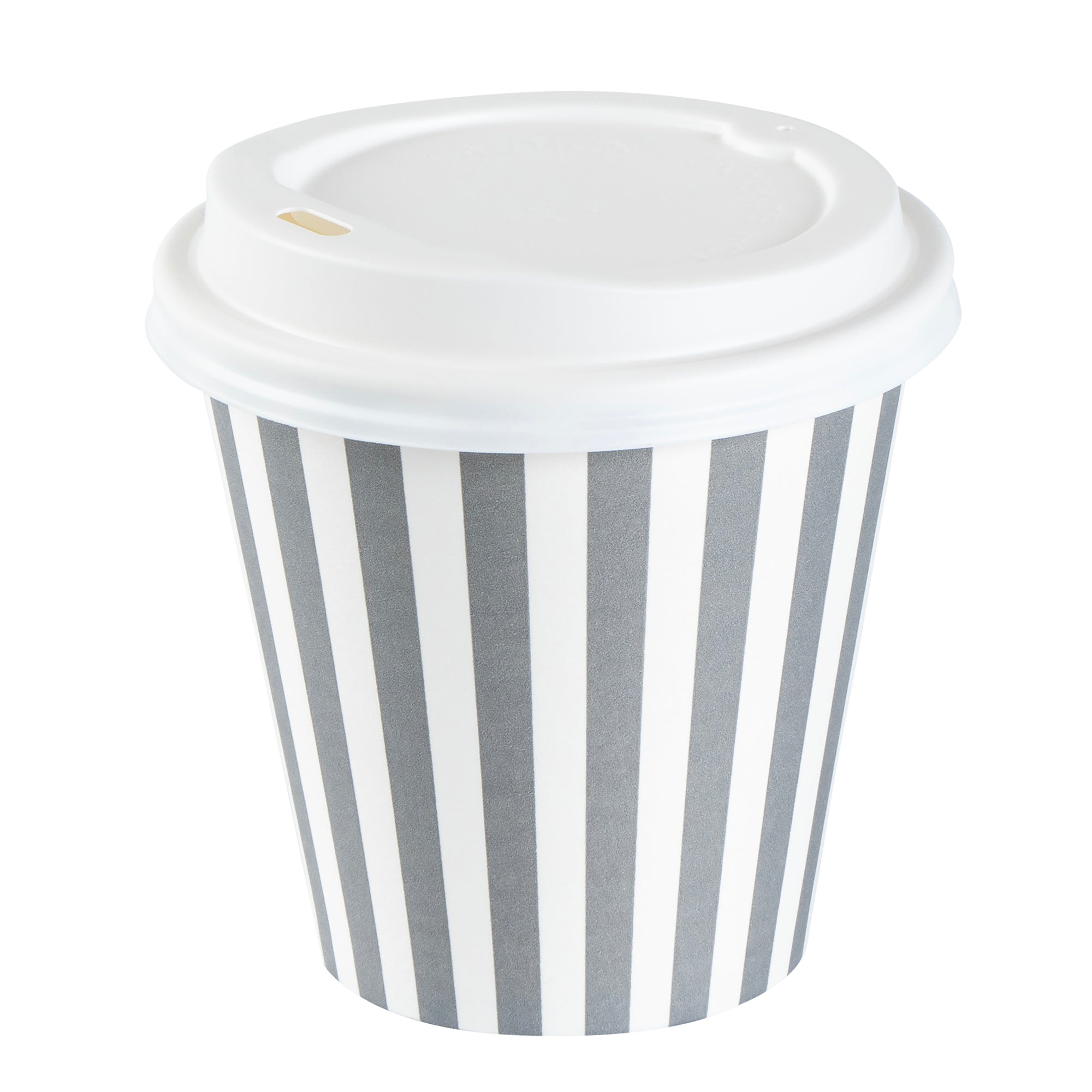 Restpresso 8 oz Gray and White Stripe Paper Single Wall Coffee Cup - with White Lid - 3 1/2"x 3 1/2"x 4" - 20 count box