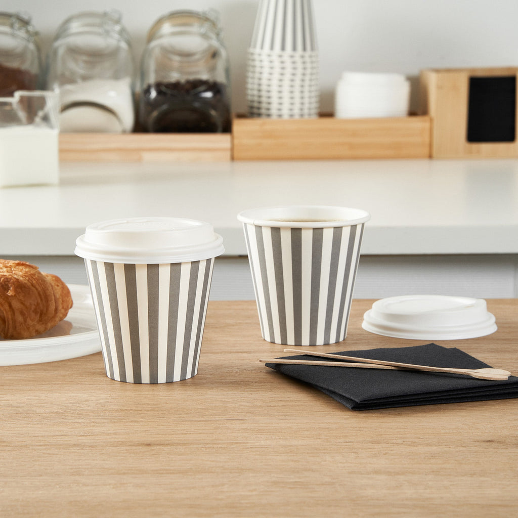 Restpresso 8 oz Gray and White Stripe Paper Single Wall Coffee Cup - with White Lid - 3 1/2"x 3 1/2"x 4" - 20 count box