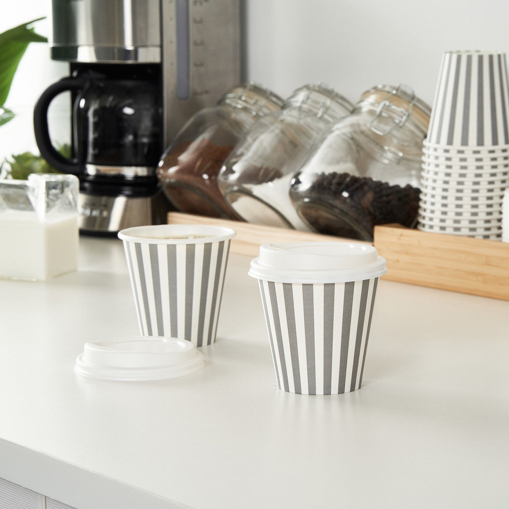 Restpresso 8 oz Gray and White Stripe Paper Single Wall Coffee Cup - with White Lid - 3 1/2"x 3 1/2"x 4" - 20 count box