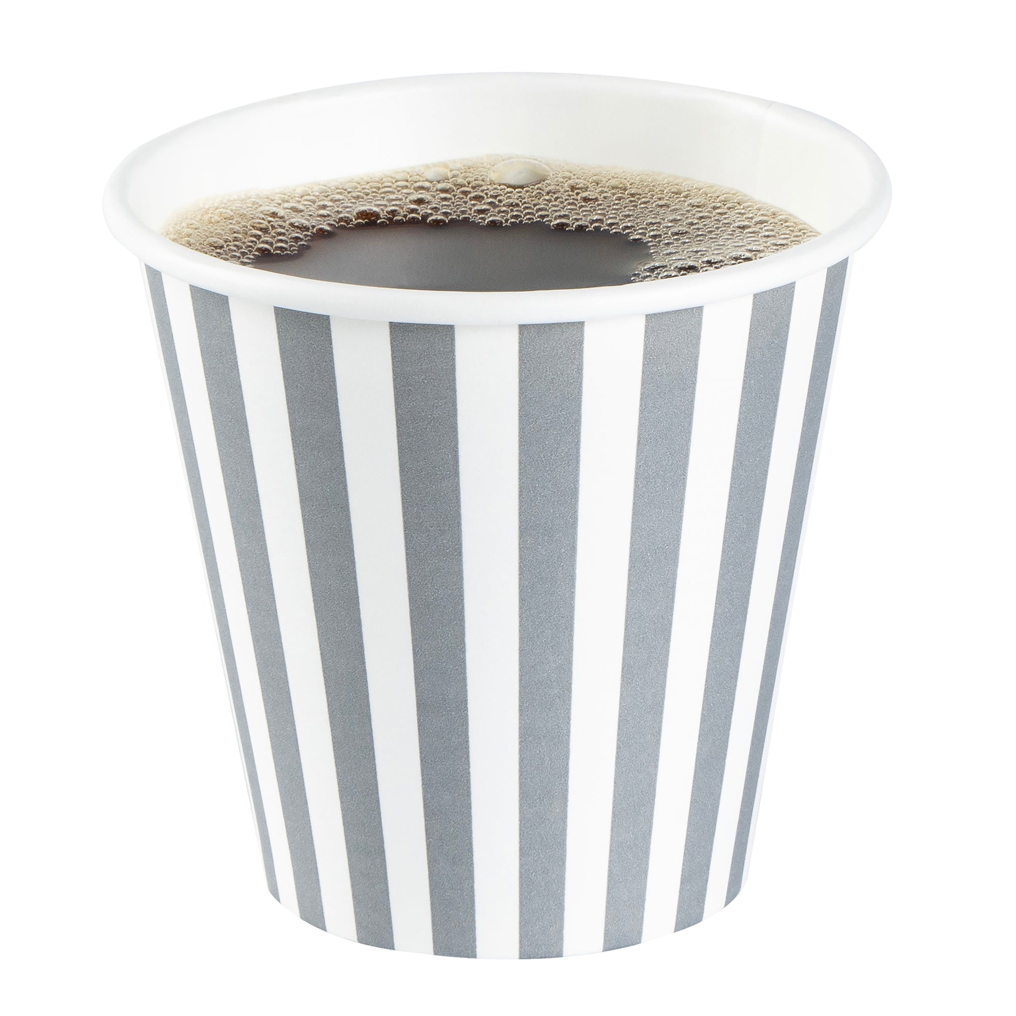 Restpresso 8 oz Gray and White Stripe Paper Single Wall Coffee Cup - with White Lid - 3 1/2"x 3 1/2"x 4" - 400 count box
