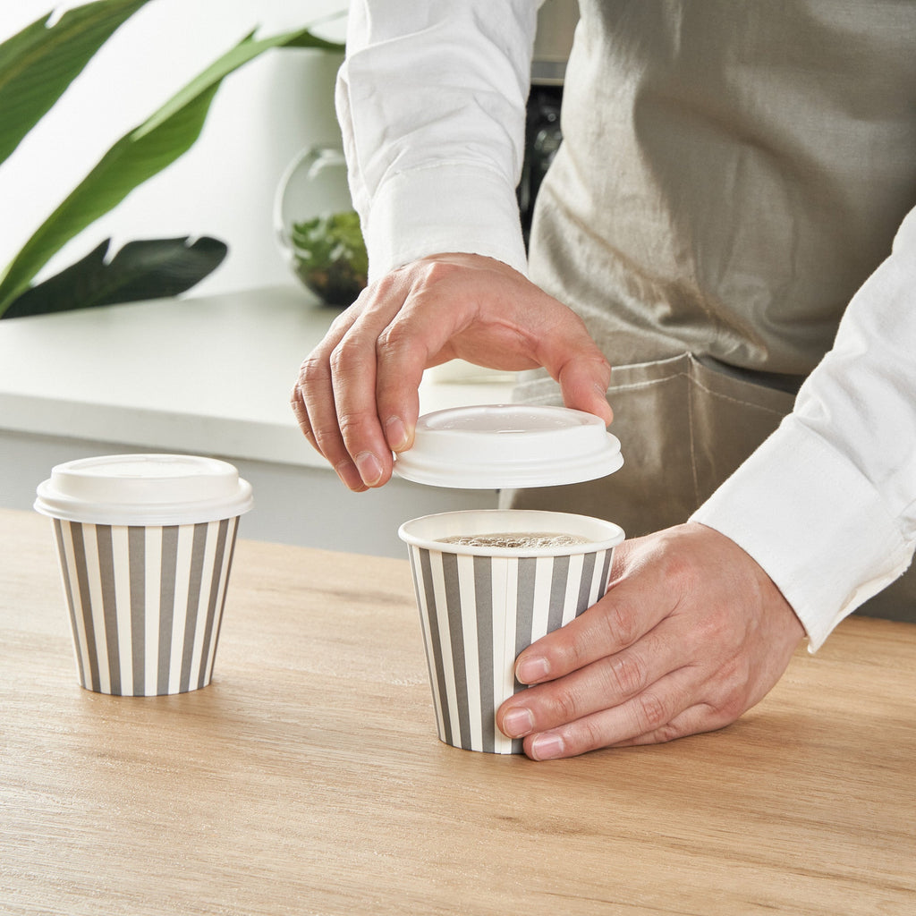 Restpresso 8 oz Gray and White Stripe Paper Single Wall Coffee Cup - with White Lid - 3 1/2"x 3 1/2"x 4" - 400 count box