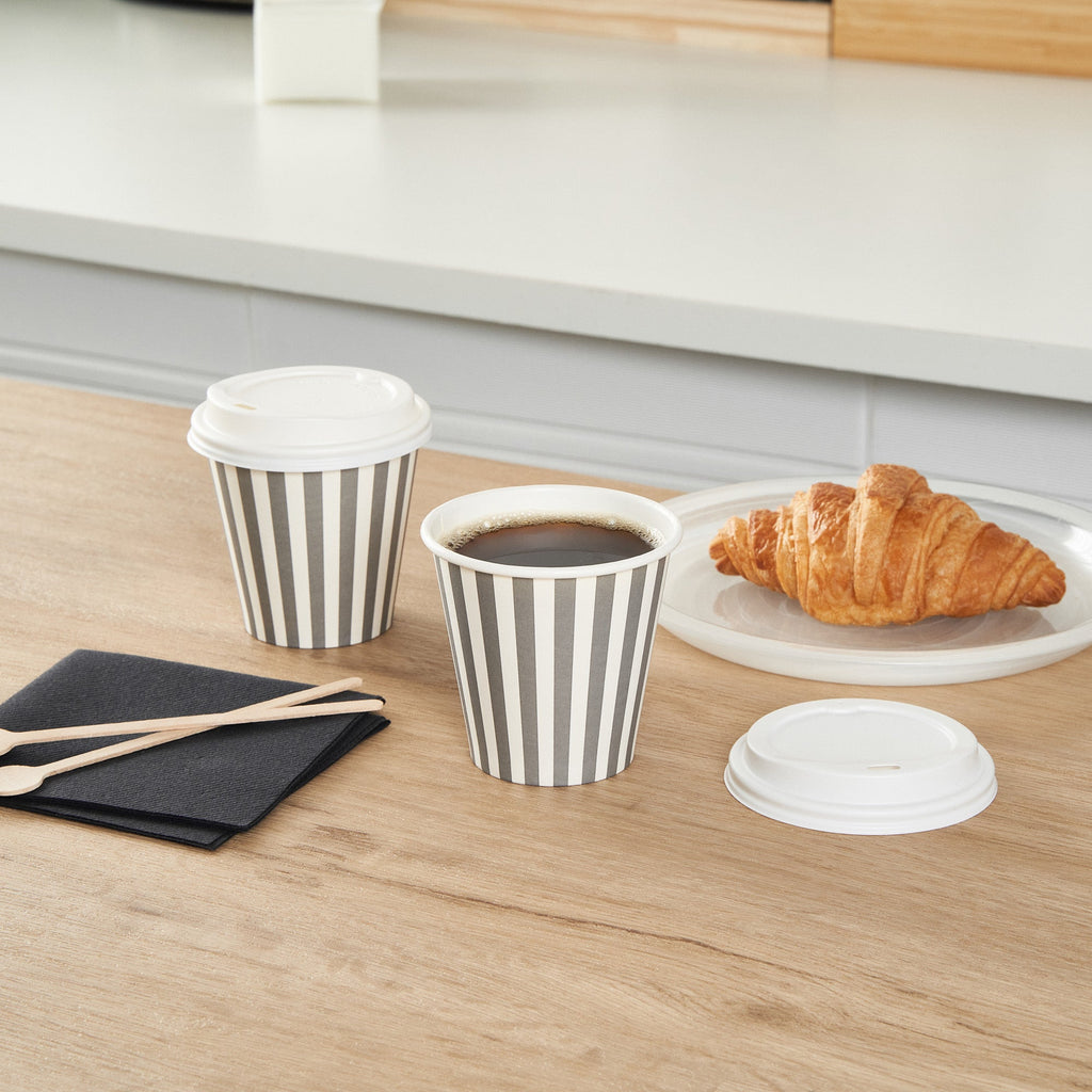 Restpresso 8 oz Gray and White Stripe Paper Single Wall Coffee Cup - with White Lid - 3 1/2"x 3 1/2"x 4" - 400 count box