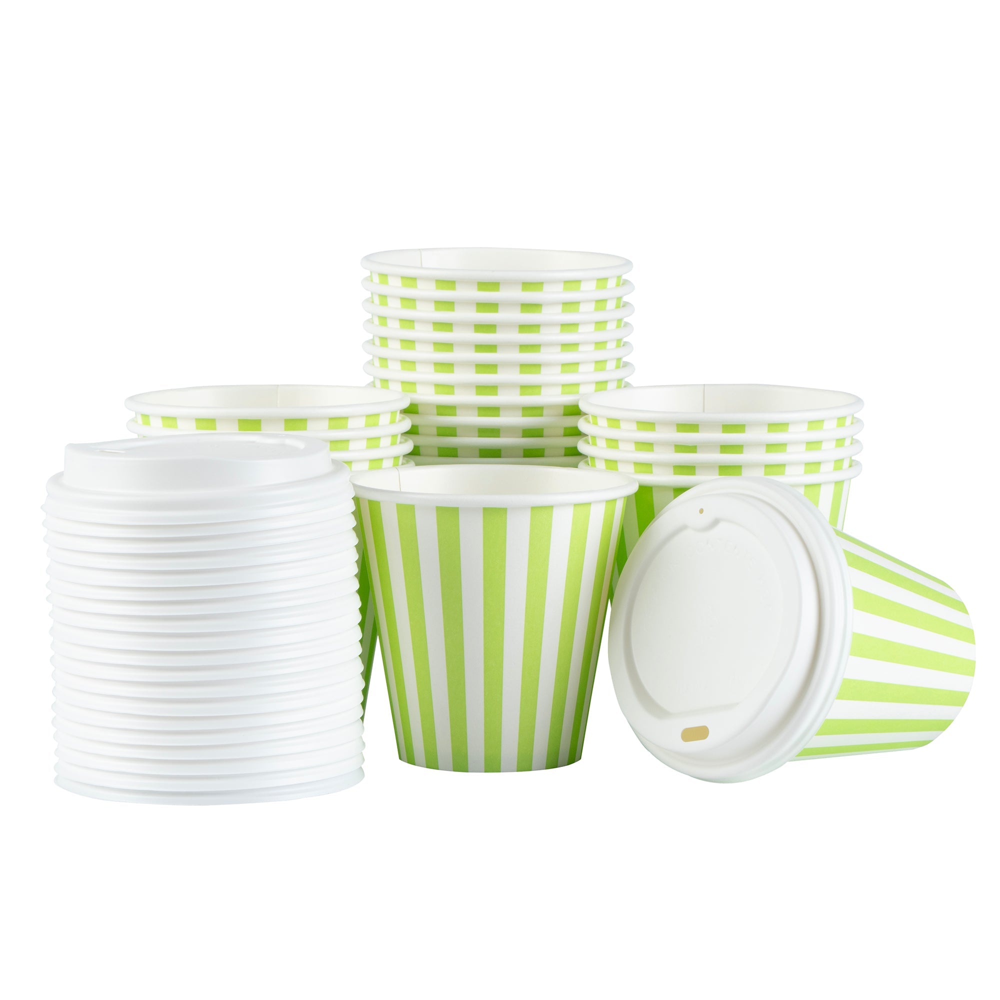 Restpresso 8 oz Green and White Stripe Paper Single Wall Coffee Cup - with White Lid - 3 1/2"x 3 1/2"x 4" - 20 count box