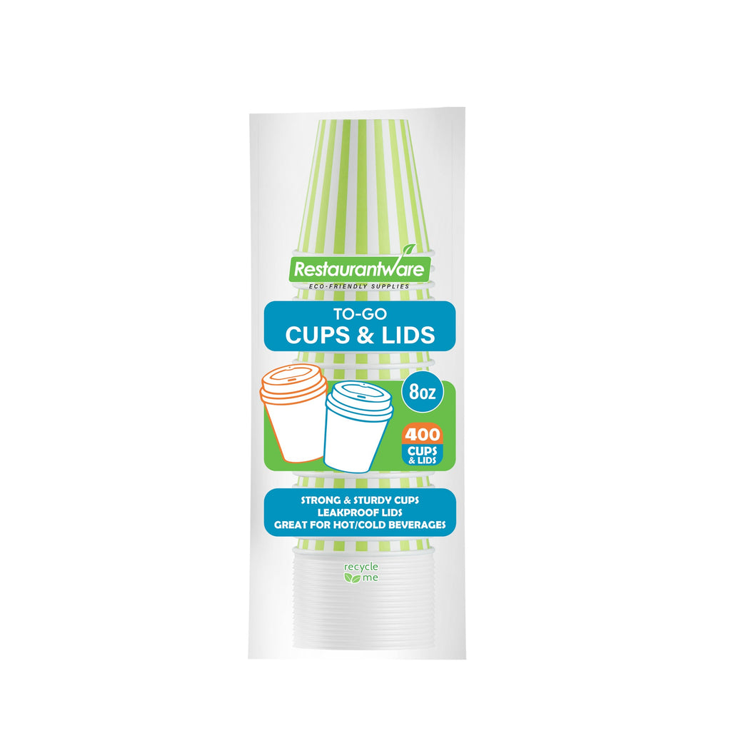 Restpresso 8 oz Green and White Stripe Paper Single Wall Coffee Cup - with White Lid - 3 1/2"x 3 1/2"x 4" - 20 count box