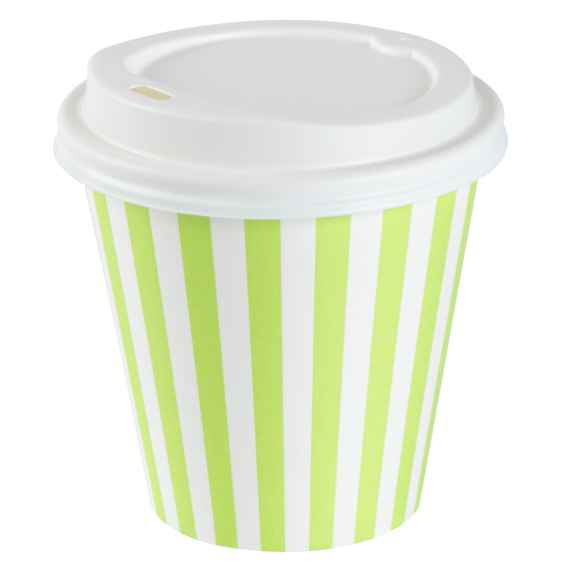 Restpresso 8 oz Green and White Stripe Paper Single Wall Coffee Cup - with White Lid - 3 1/2"x 3 1/2"x 4" - 20 count box