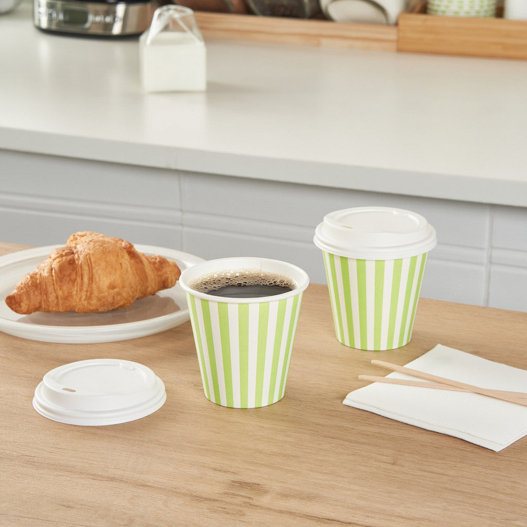 Restpresso 8 oz Green and White Stripe Paper Single Wall Coffee Cup - with White Lid - 3 1/2"x 3 1/2"x 4" - 400 count box