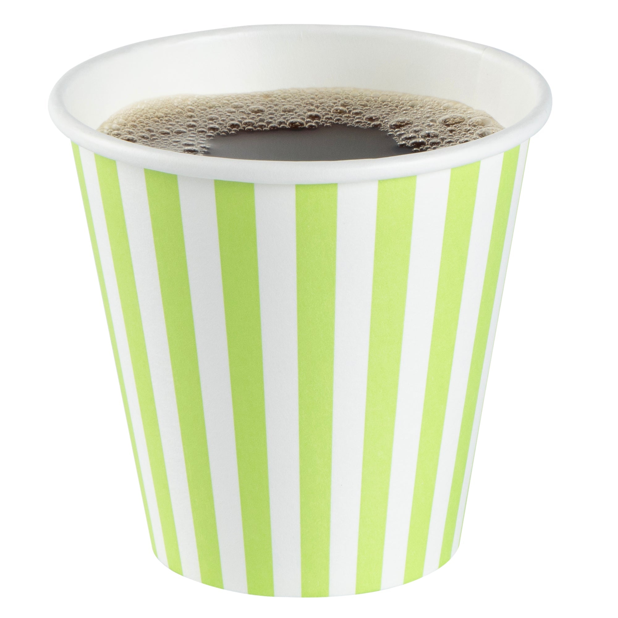 Restpresso 8 oz Green and White Stripe Paper Single Wall Coffee Cup - with White Lid - 3 1/2"x 3 1/2"x 4" - 400 count box
