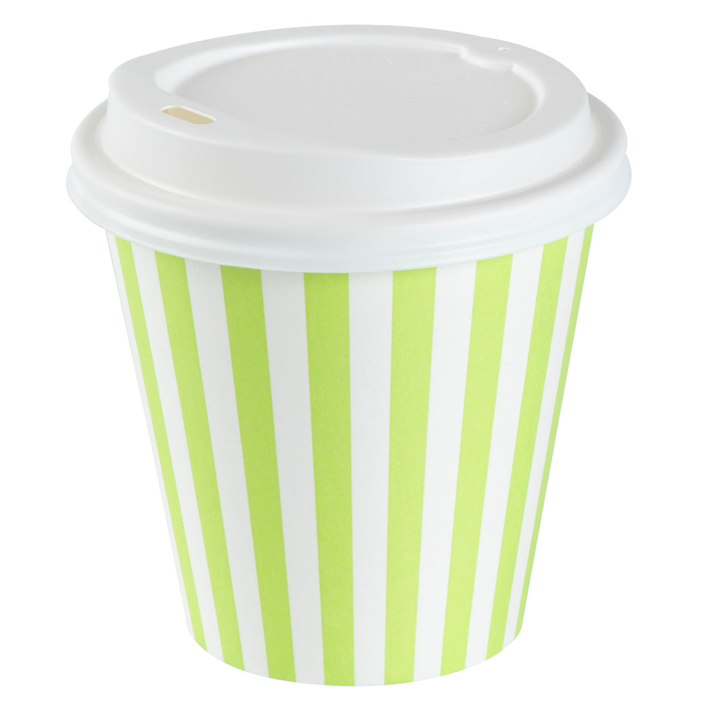 Restpresso 8 oz Green and White Stripe Paper Single Wall Coffee Cup - with White Lid - 3 1/2"x 3 1/2"x 4" - 400 count box