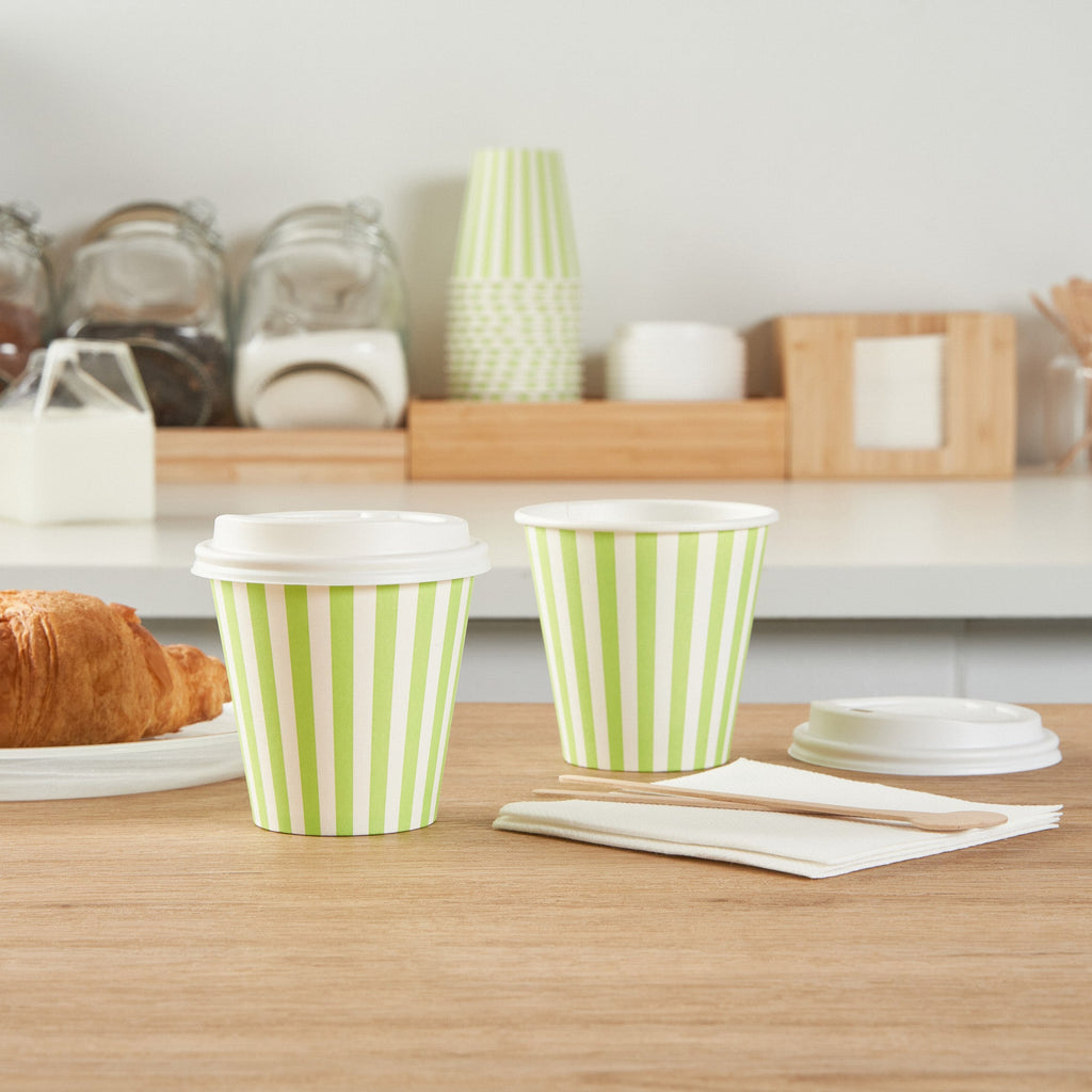 Restpresso 8 oz Green and White Stripe Paper Single Wall Coffee Cup - with White Lid - 3 1/2"x 3 1/2"x 4" - 400 count box