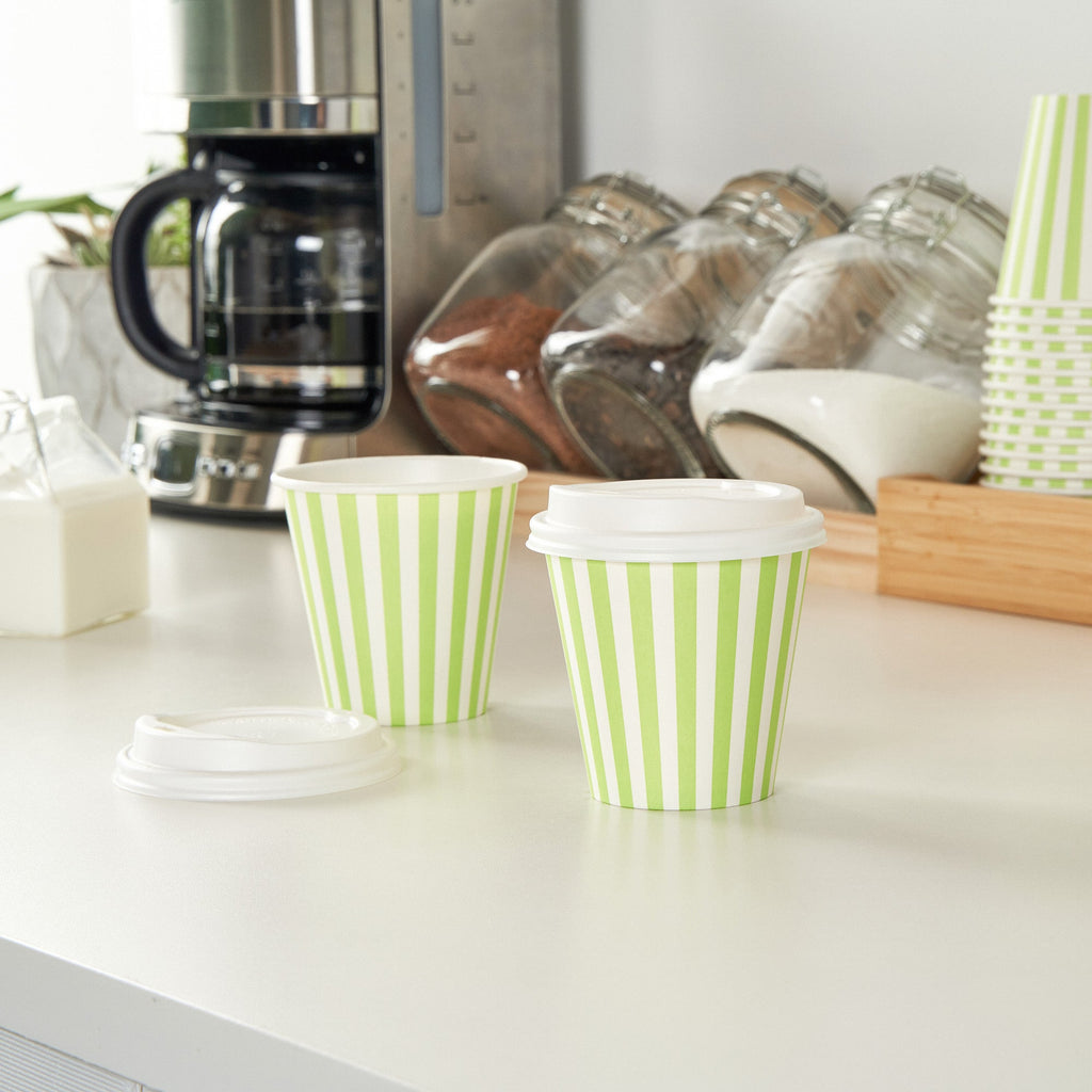Restpresso 8 oz Green and White Stripe Paper Single Wall Coffee Cup - with White Lid - 3 1/2"x 3 1/2"x 4" - 400 count box