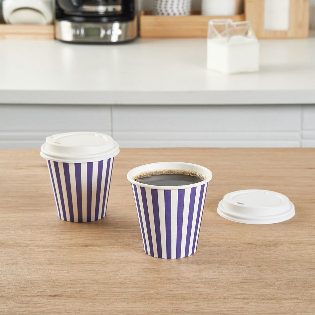 Restpresso 8 oz Purple and White Stripe Paper Single Wall Coffee Cup - with White Lid - 3 1/2"x 3 1/2"x 4" - 20 count box