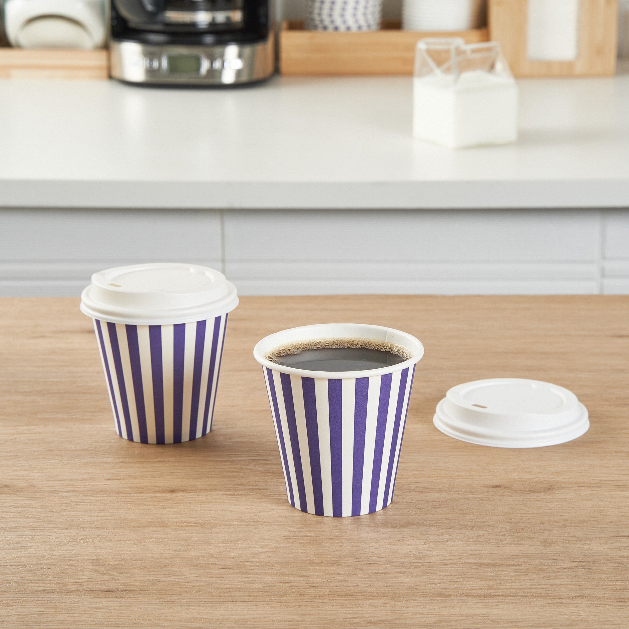 Restpresso 8 oz Purple and White Stripe Paper Single Wall Coffee Cup - with White Lid - 3 1/2"x 3 1/2"x 4" - 400 count box