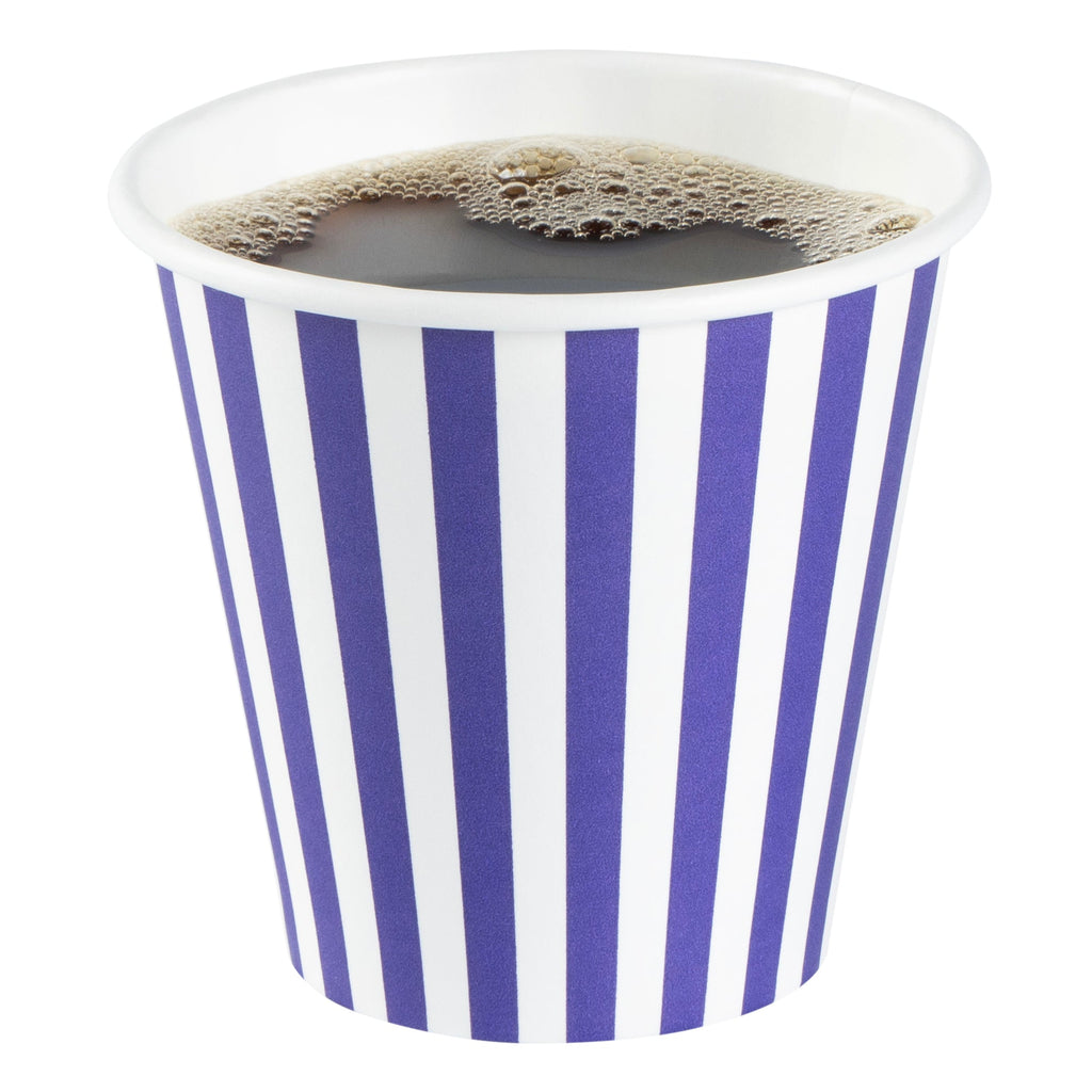 Restpresso 8 oz Purple and White Stripe Paper Single Wall Coffee Cup - with White Lid - 3 1/2"x 3 1/2"x 4" - 400 count box