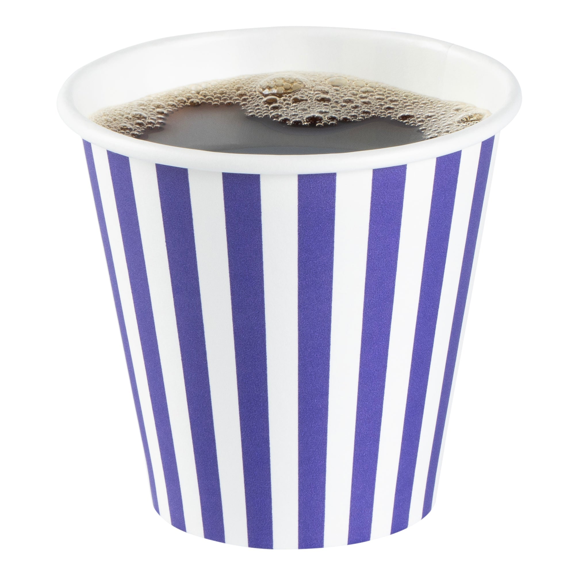 Restpresso 8 oz Purple and White Stripe Paper Single Wall Coffee Cup - with White Lid - 3 1/2"x 3 1/2"x 4" - 400 count box