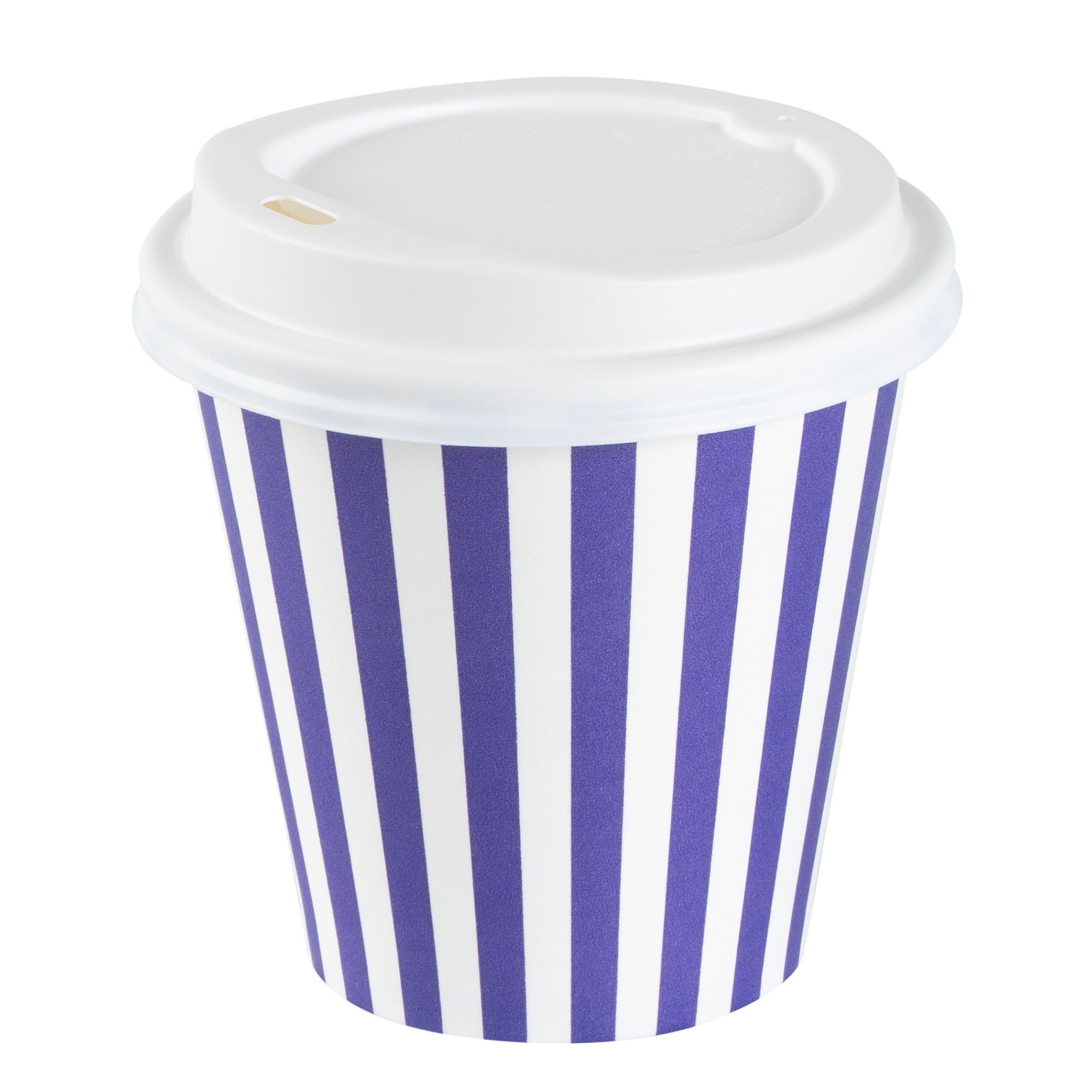 Restpresso 8 oz Purple and White Stripe Paper Single Wall Coffee Cup - with White Lid - 3 1/2"x 3 1/2"x 4" - 400 count box