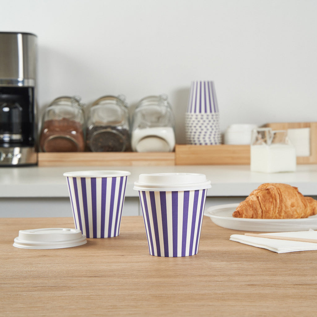 Restpresso 8 oz Purple and White Stripe Paper Single Wall Coffee Cup - with White Lid - 3 1/2"x 3 1/2"x 4" - 400 count box