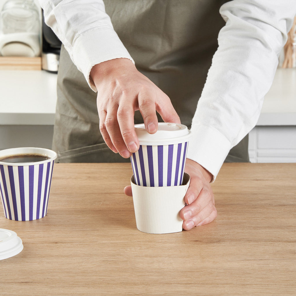 Restpresso 8 oz Purple and White Stripe Paper Single Wall Coffee Cup - with White Lid - 3 1/2"x 3 1/2"x 4" - 400 count box