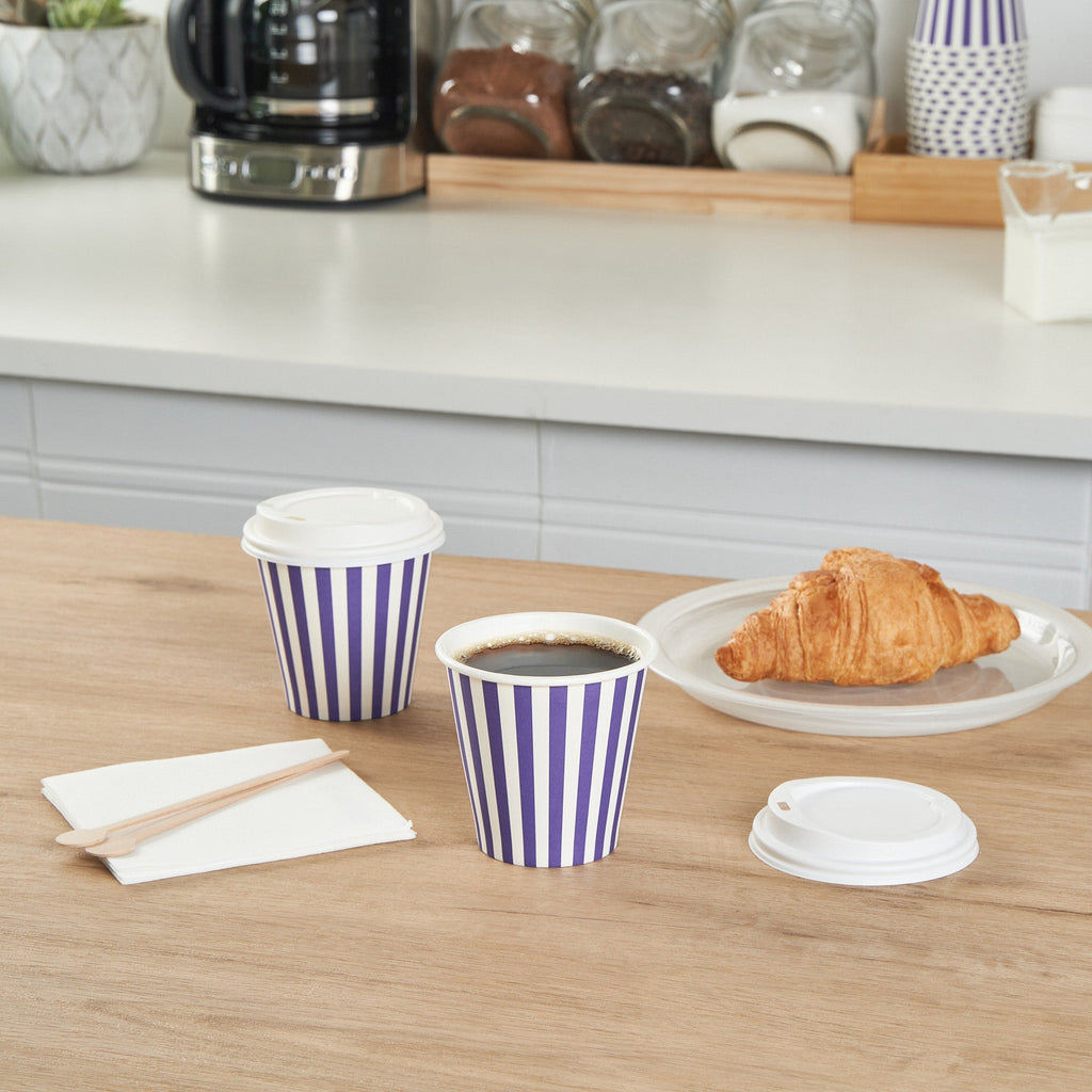 Restpresso 8 oz Purple and White Stripe Paper Single Wall Coffee Cup - with White Lid - 3 1/2"x 3 1/2"x 4" - 400 count box