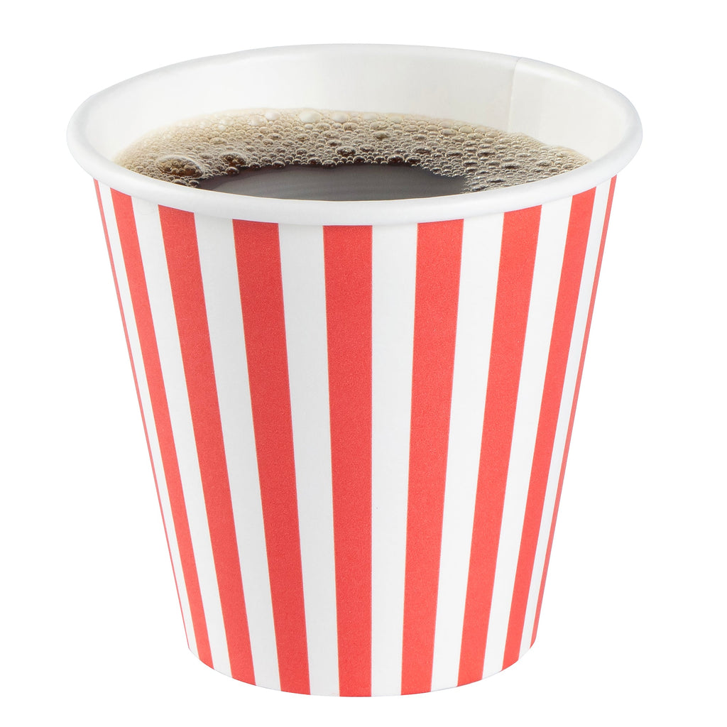 Restpresso 8 oz Red and White Stripe Paper Single Wall Coffee Cup - with White Lid - 3 1/2"x 3 1/2"x 4" - 20 count box