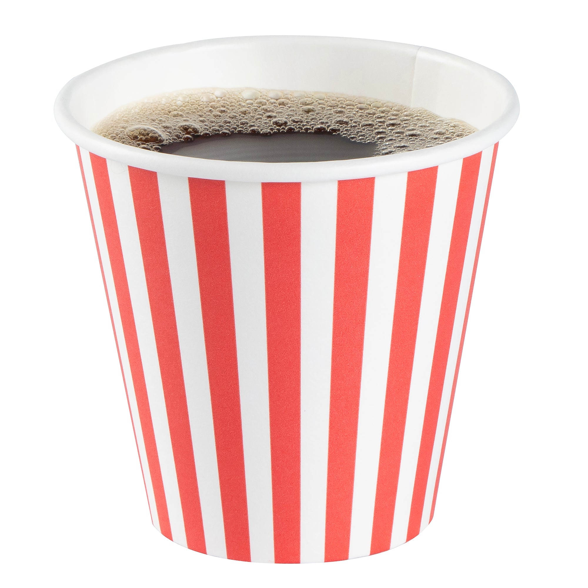Restpresso 8 oz Red and White Stripe Paper Single Wall Coffee Cup - with White Lid - 3 1/2"x 3 1/2"x 4" - 20 count box
