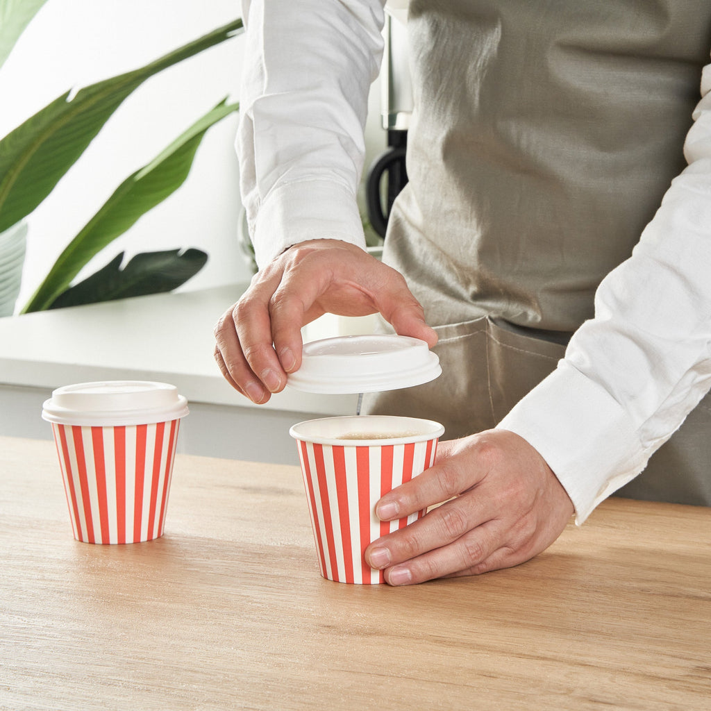 Restpresso 8 oz Red and White Stripe Paper Single Wall Coffee Cup - with White Lid - 3 1/2"x 3 1/2"x 4" - 20 count box
