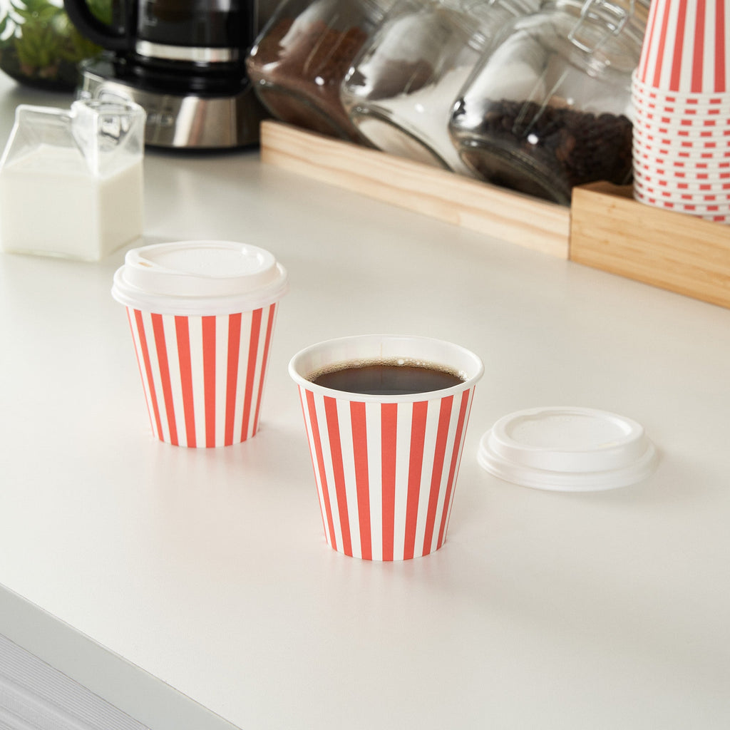 Restpresso 8 oz Red and White Stripe Paper Single Wall Coffee Cup - with White Lid - 3 1/2"x 3 1/2"x 4" - 400 count box