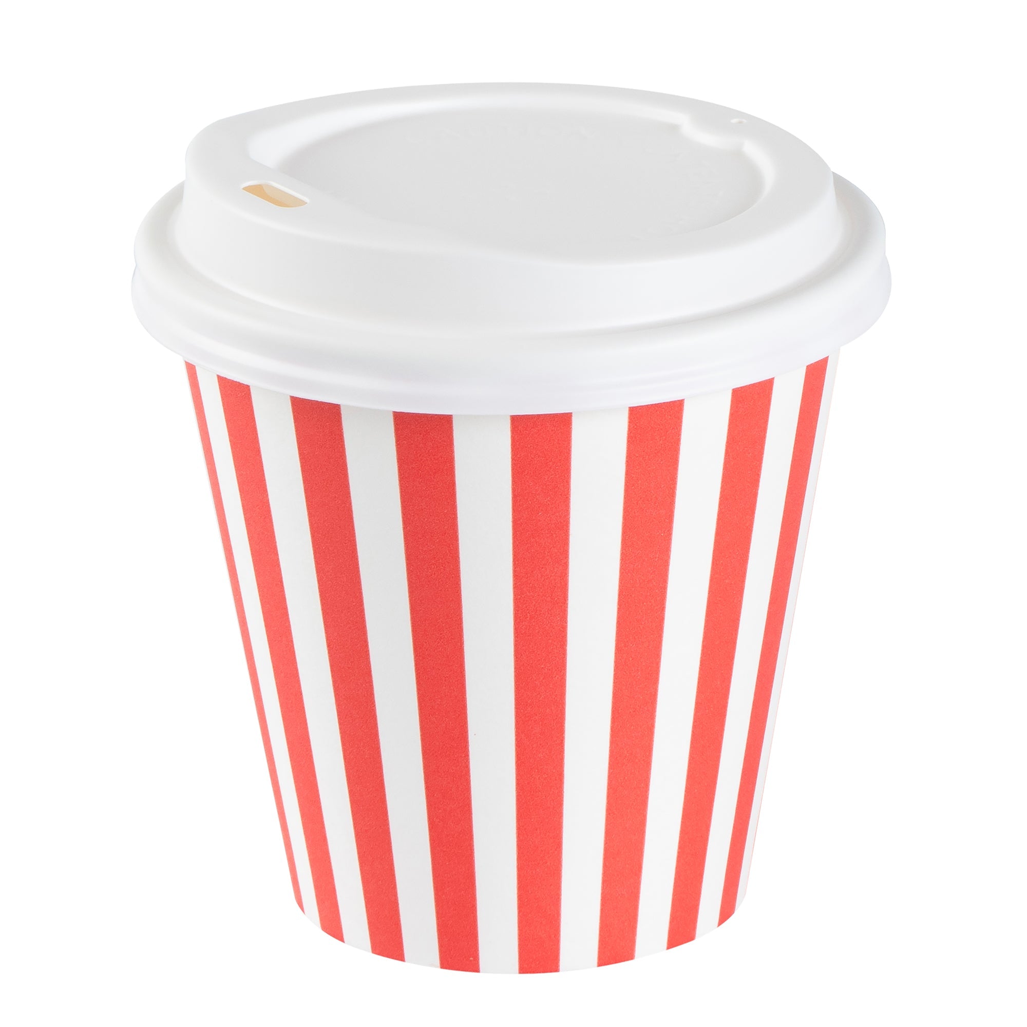 Restpresso 8 oz Red and White Stripe Paper Single Wall Coffee Cup - with White Lid - 3 1/2"x 3 1/2"x 4" - 400 count box