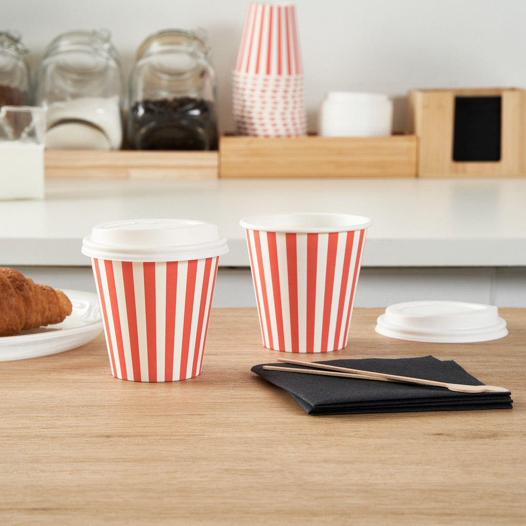 Restpresso 8 oz Red and White Stripe Paper Single Wall Coffee Cup - with White Lid - 3 1/2"x 3 1/2"x 4" - 400 count box
