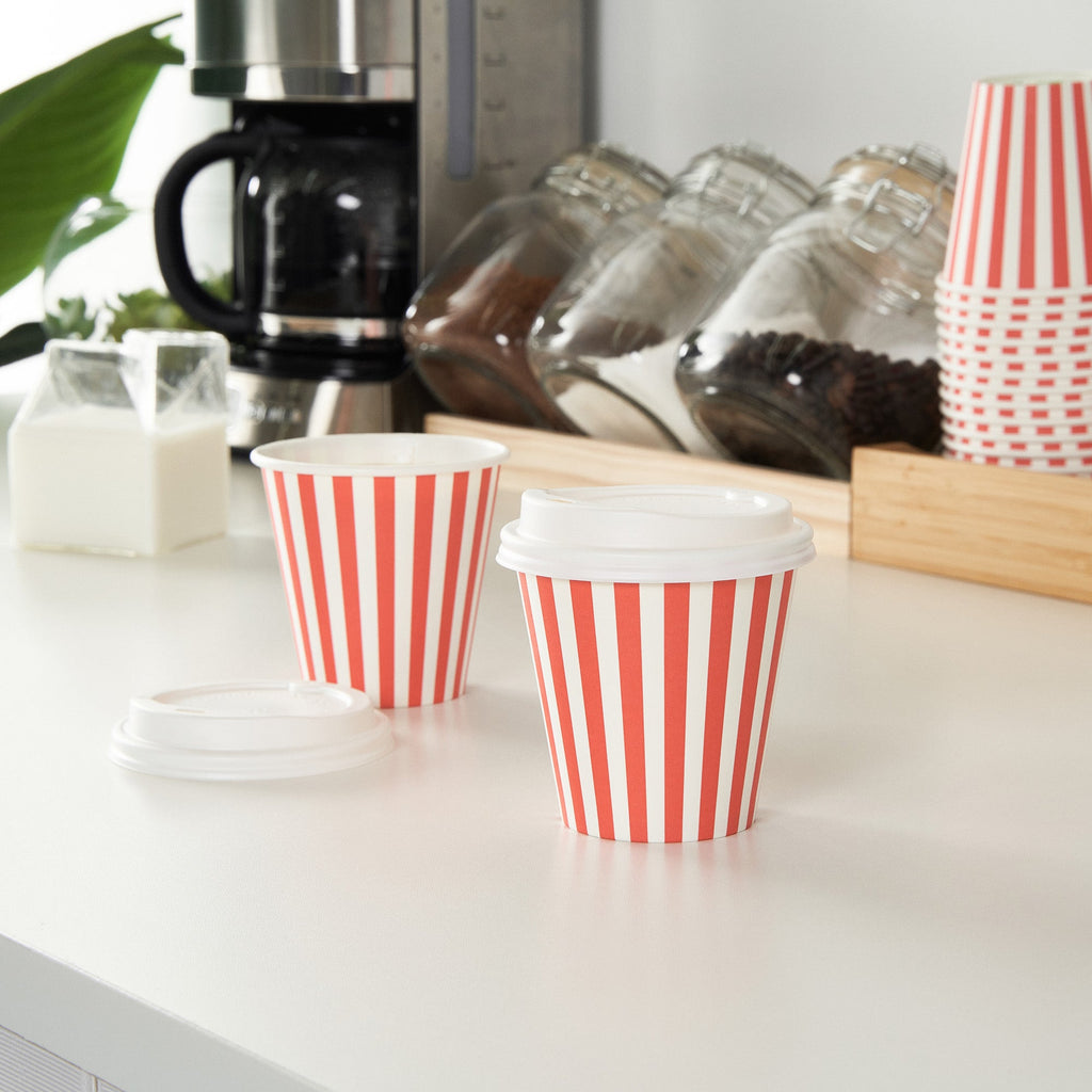 Restpresso 8 oz Red and White Stripe Paper Single Wall Coffee Cup - with White Lid - 3 1/2"x 3 1/2"x 4" - 400 count box