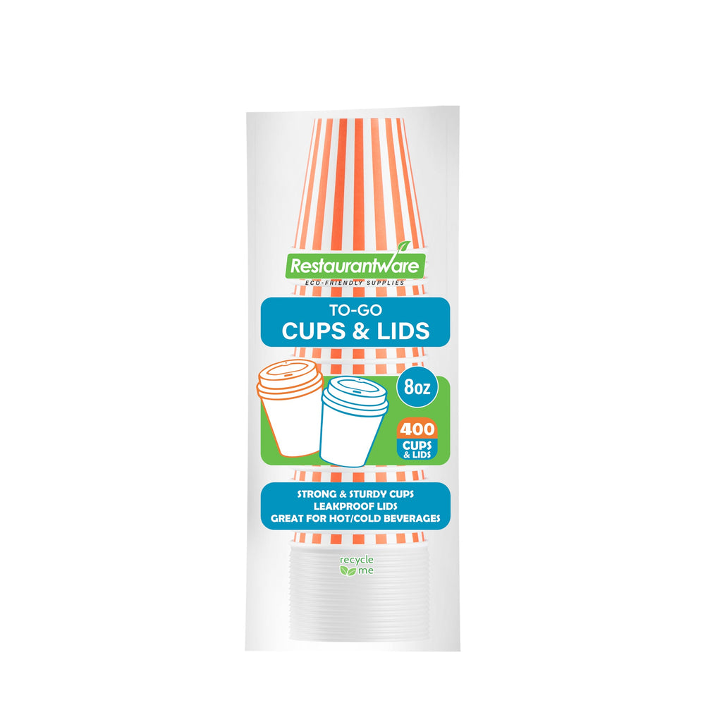 Restpresso 8 oz Orange and White Stripe Paper Single Wall Coffee Cup - with White Lid - 3 1/2"x 3 1/2"x 4" - 20 count box