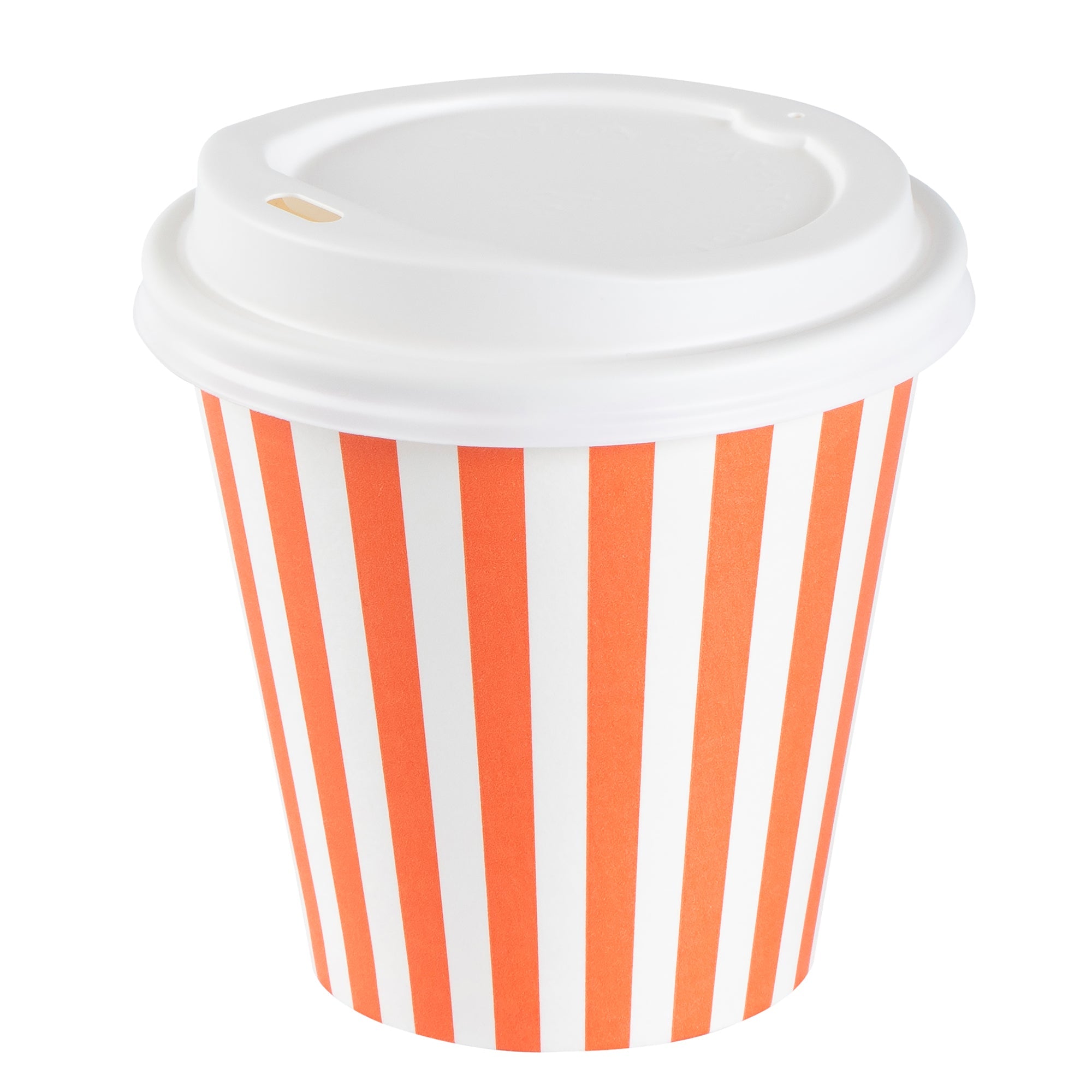 Restpresso 8 oz Orange and White Stripe Paper Single Wall Coffee Cup - with White Lid - 3 1/2"x 3 1/2"x 4" - 20 count box