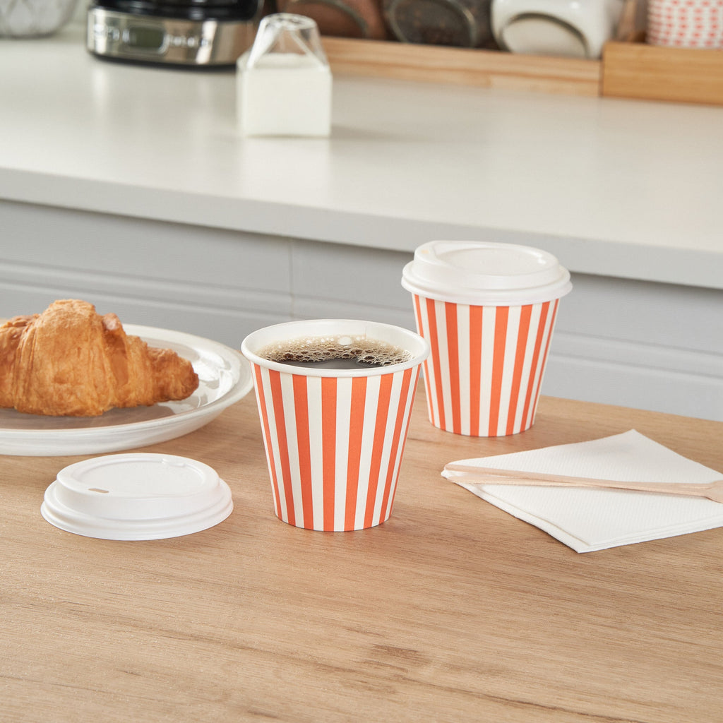 Restpresso 8 oz Orange and White Stripe Paper Single Wall Coffee Cup - with White Lid - 3 1/2"x 3 1/2"x 4" - 20 count box