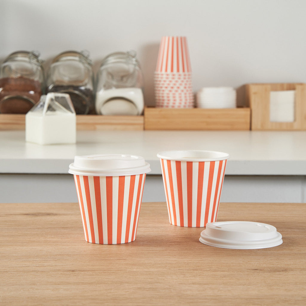 Restpresso 8 oz Orange and White Stripe Paper Single Wall Coffee Cup - with White Lid - 3 1/2"x 3 1/2"x 4" - 20 count box