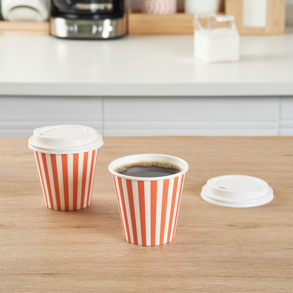 Restpresso 8 oz Orange and White Stripe Paper Single Wall Coffee Cup - with White Lid - 3 1/2"x 3 1/2"x 4" - 400 count box