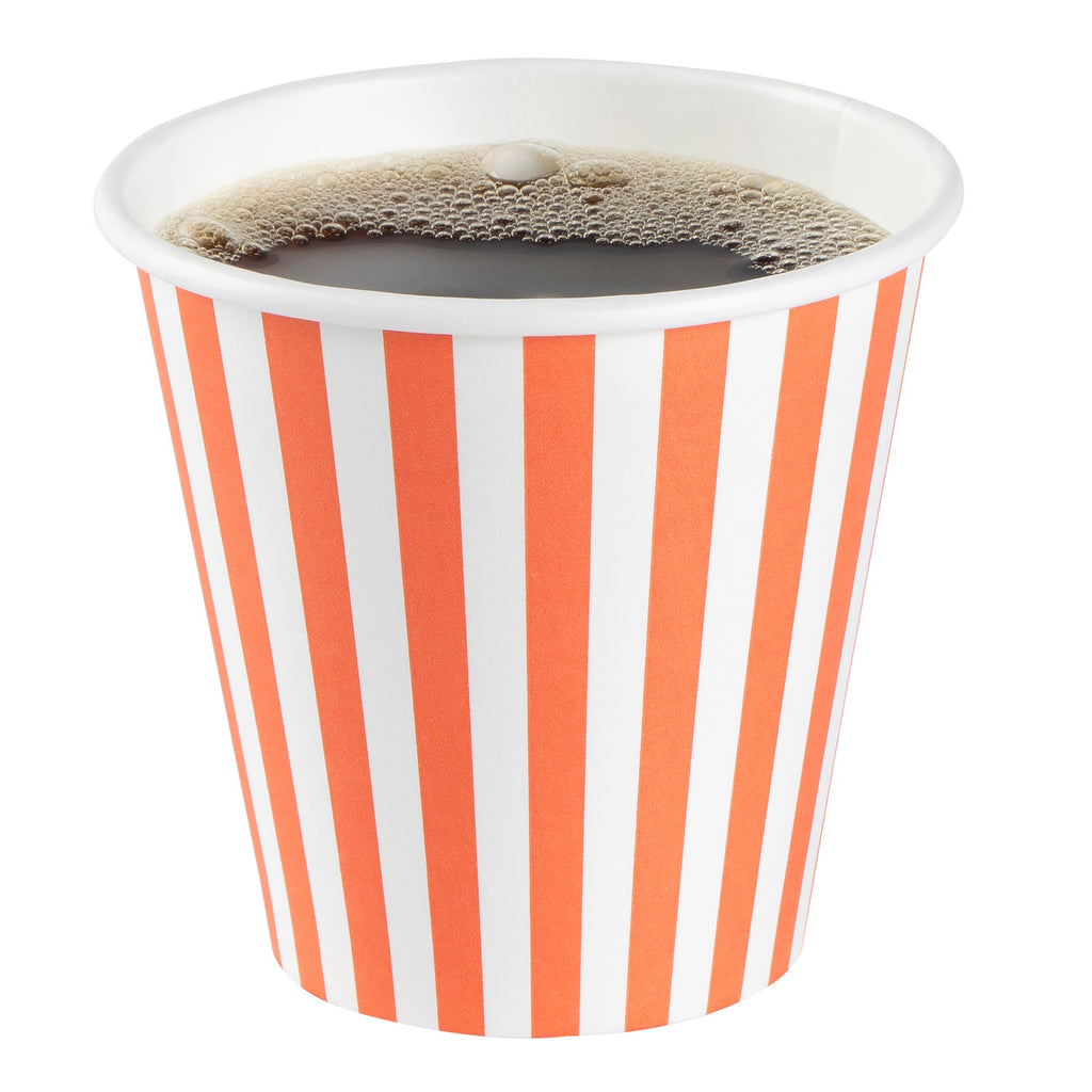 Restpresso 8 oz Orange and White Stripe Paper Single Wall Coffee Cup - with White Lid - 3 1/2"x 3 1/2"x 4" - 400 count box