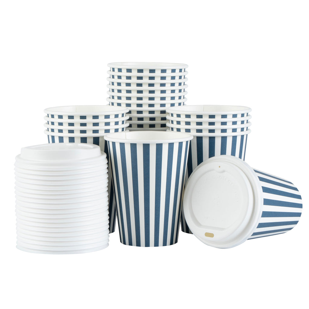 Restpresso 12 oz Blue and White Stripe Paper Single Wall Coffee Cup - with White Lid - 3 1/2"x 3 1/2"x 4 3/4" - 20 count box