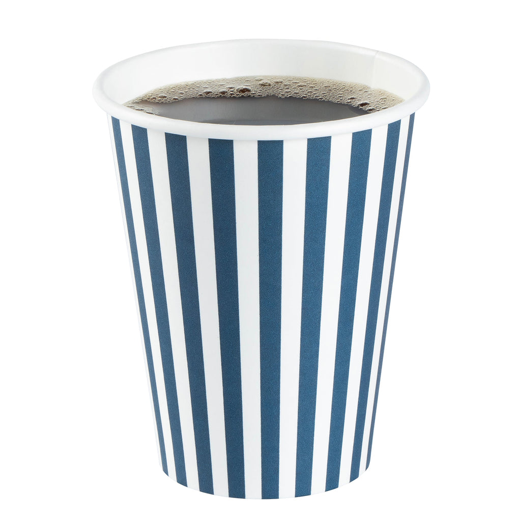 Restpresso 12 oz Blue and White Stripe Paper Single Wall Coffee Cup - with White Lid - 3 1/2"x 3 1/2"x 4 3/4" - 20 count box