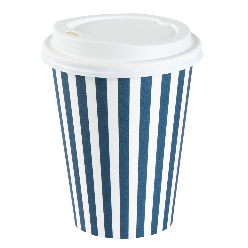 Restpresso 12 oz Blue and White Stripe Paper Single Wall Coffee Cup - with White Lid - 3 1/2"x 3 1/2"x 4 3/4" - 400 count box