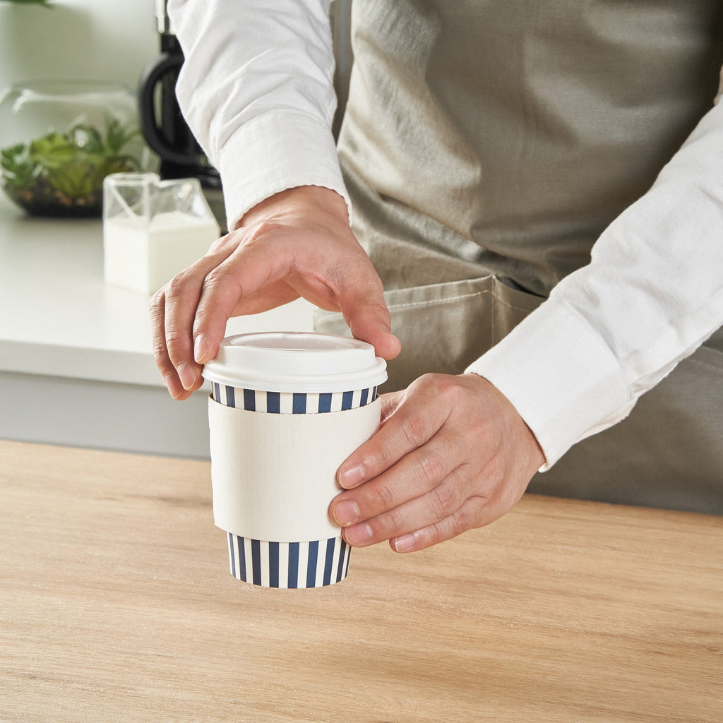 Restpresso 12 oz Blue and White Stripe Paper Single Wall Coffee Cup - with White Lid - 3 1/2"x 3 1/2"x 4 3/4" - 400 count box
