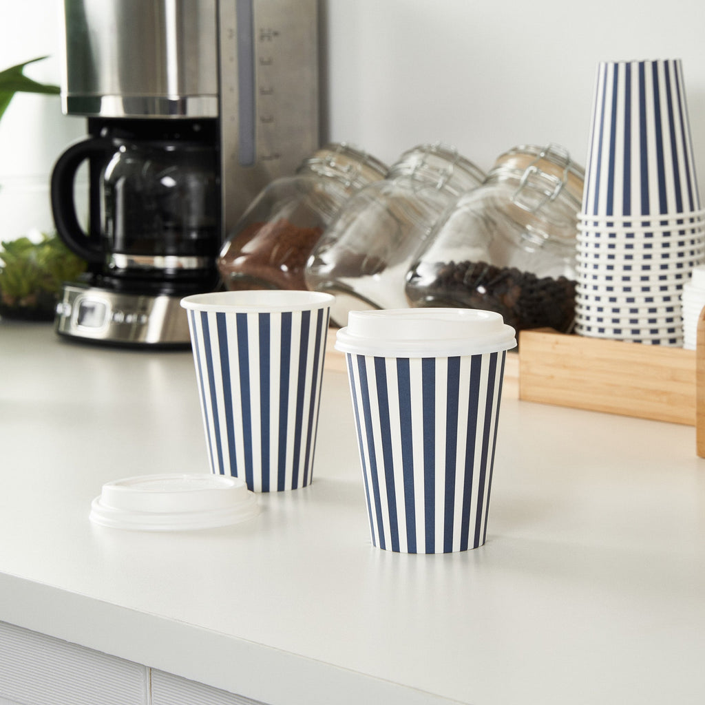 Restpresso 12 oz Blue and White Stripe Paper Single Wall Coffee Cup - with White Lid - 3 1/2"x 3 1/2"x 4 3/4" - 400 count box